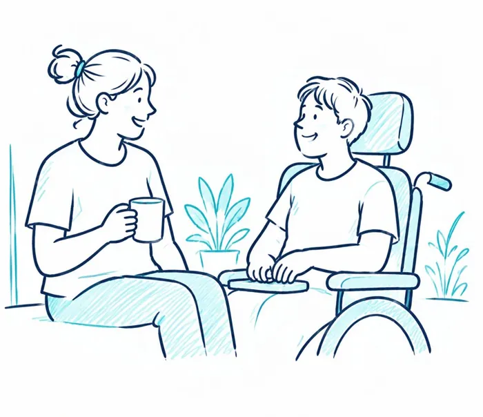 Illustration of a support worker sharing a coffee and a chat with a man in a supportive wheelchair