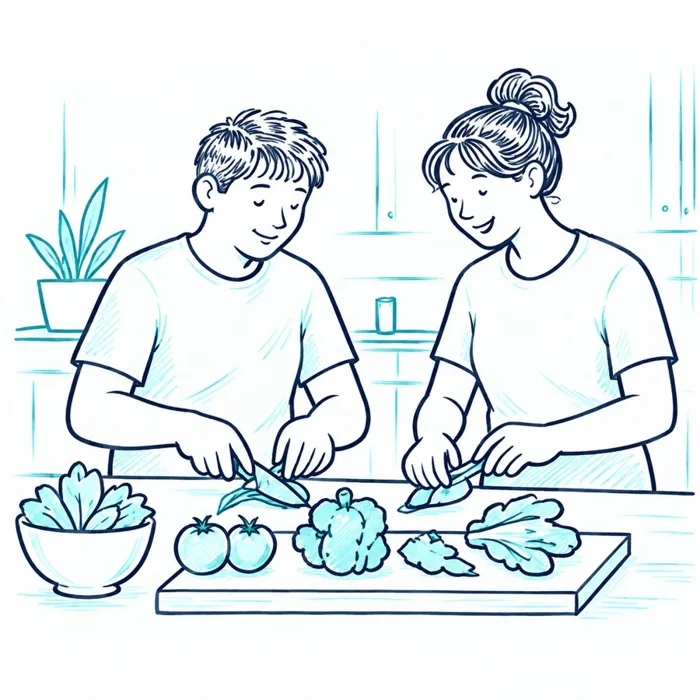 Illustration of a young man and a support worker chopping vegetables together in a kitchen