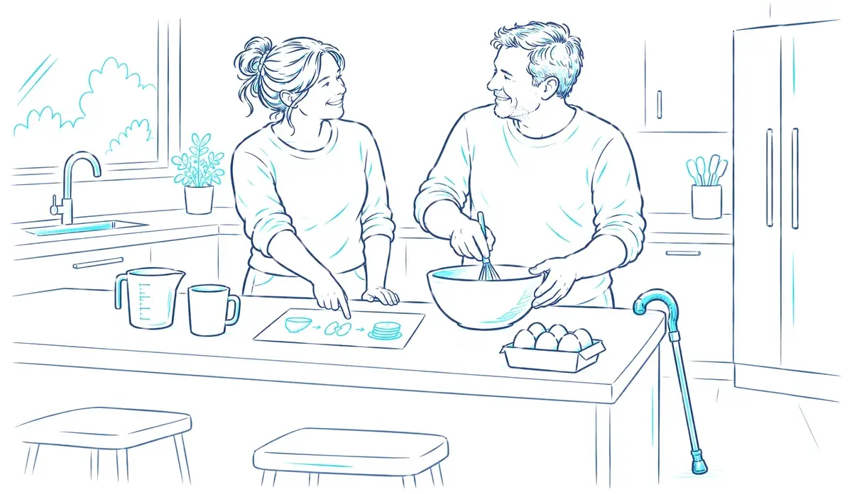 A support worker pointing to a picture recipe card while a man with a walking stick mixes pancake batter at the kitchen bench