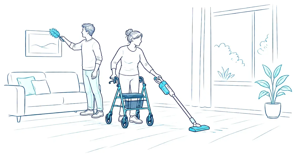 A support worker dusting while a woman using a walker vacuums the living room