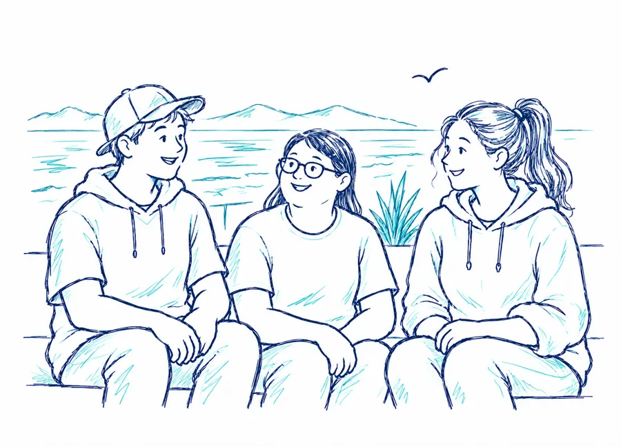 Illustration of three young people chatting together on a bench by the water