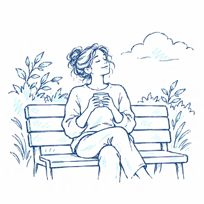 Illustration of a woman relaxing on a garden bench with a warm drink