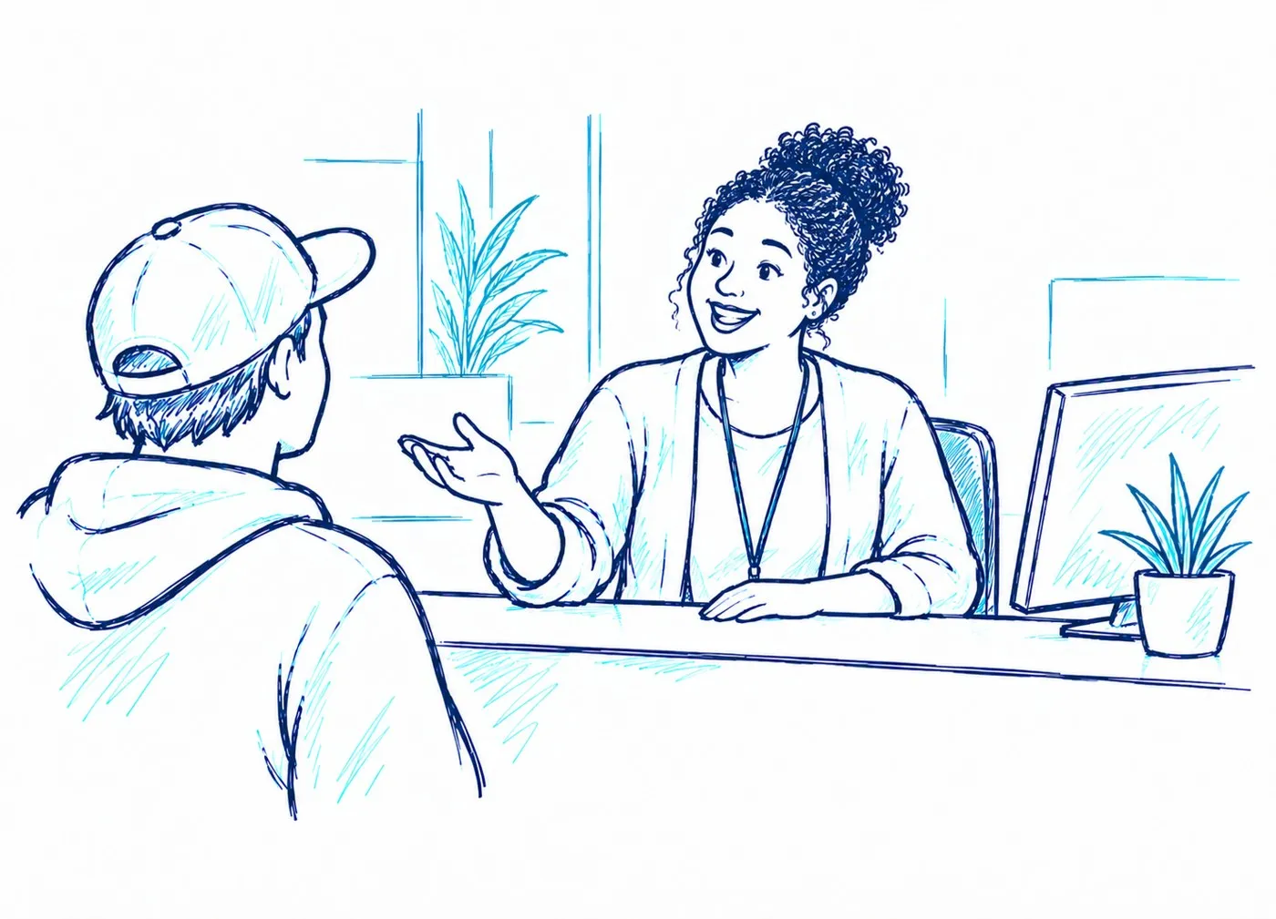 Illustration of a smiling UBU Team staff member at a desk, chatting with a young man in a cap