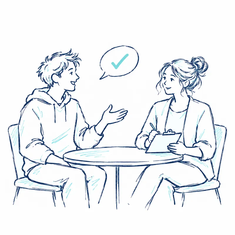 Illustration of a young man chatting with a support worker at a table while she takes notes