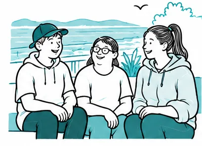 Illustration of three people sitting together by the coast