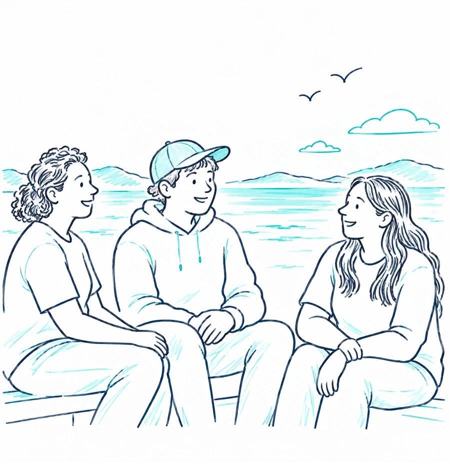 Illustration of three friends sitting together by the water, talking and smiling