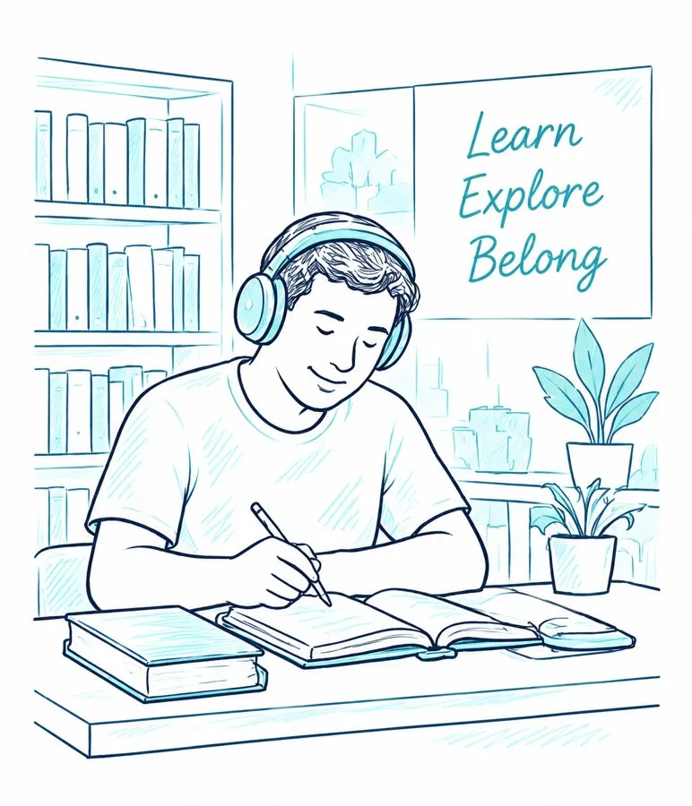 Illustration of a young man wearing headphones, studying at a desk in a library