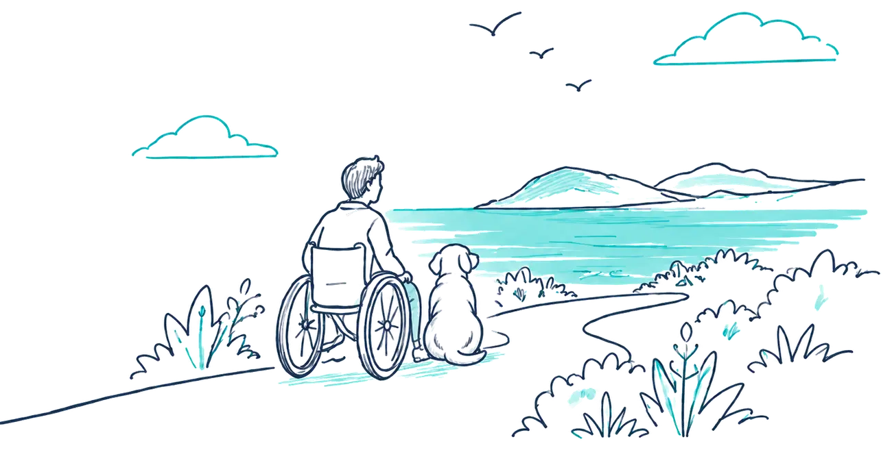 Person in a wheelchair and their dog looking out over the sea from a coastal path