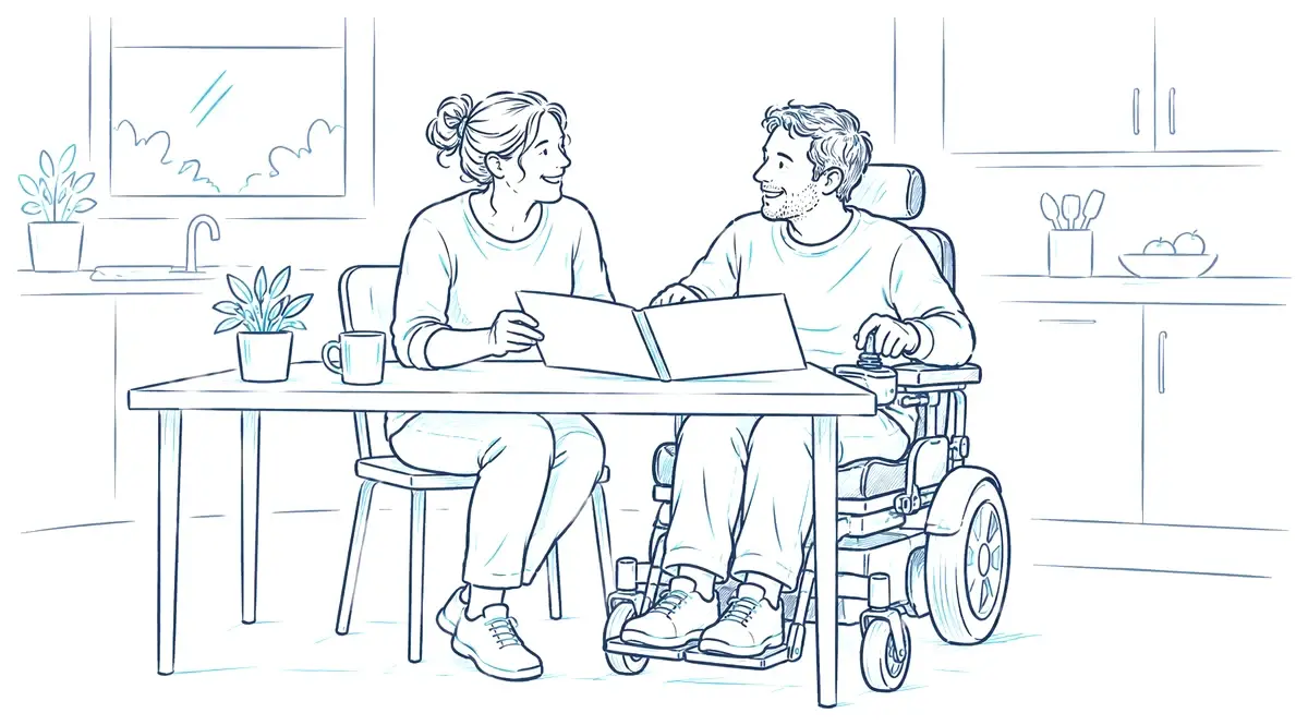 A support worker and a man in a power wheelchair looking through his care plan together at the kitchen table