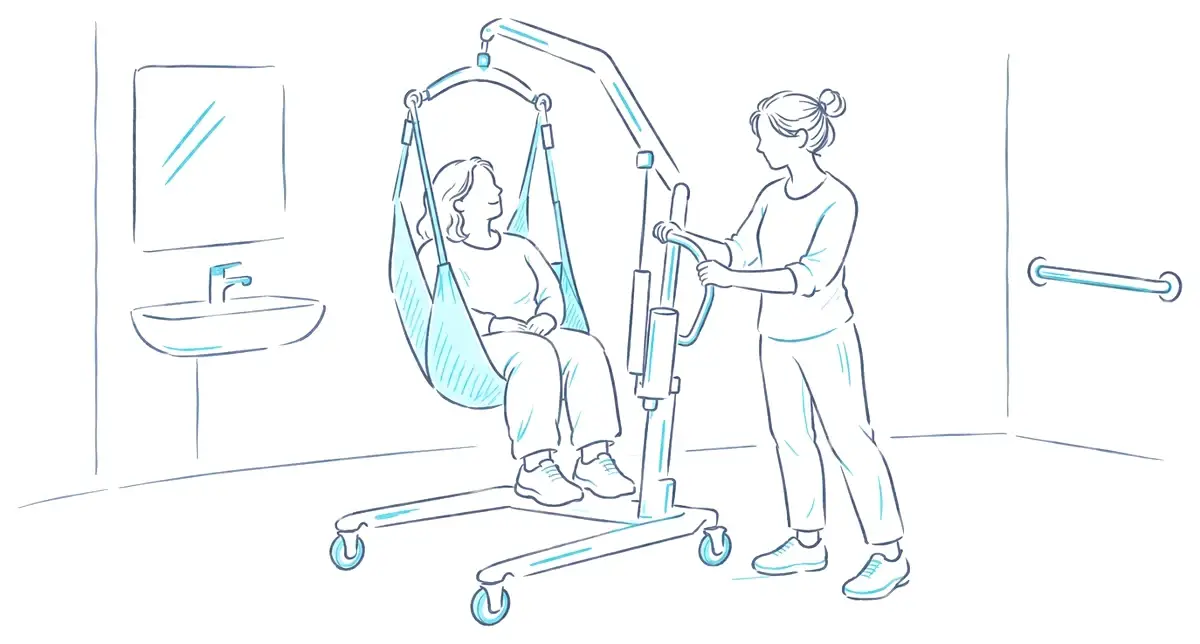 A support worker steadying a hoist while a smiling woman is transferred in a sling