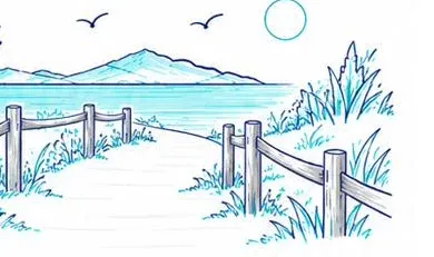 Illustration of a sandy path between timber fences leading down to the water
