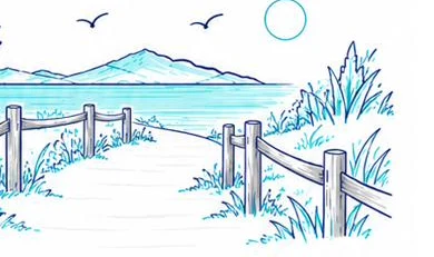 Illustration of a sandy path between timber fences leading down to the water