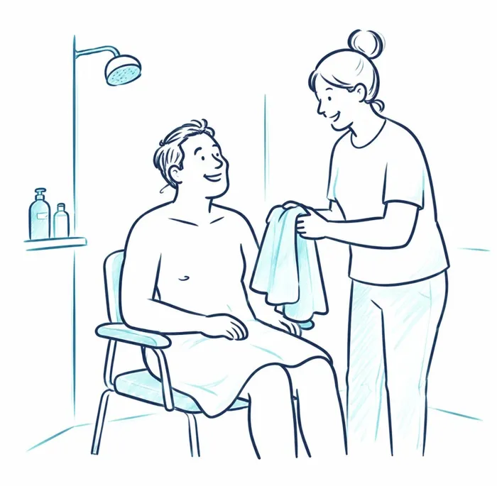 Illustration of a support worker handing a towel to a man seated on a shower chair